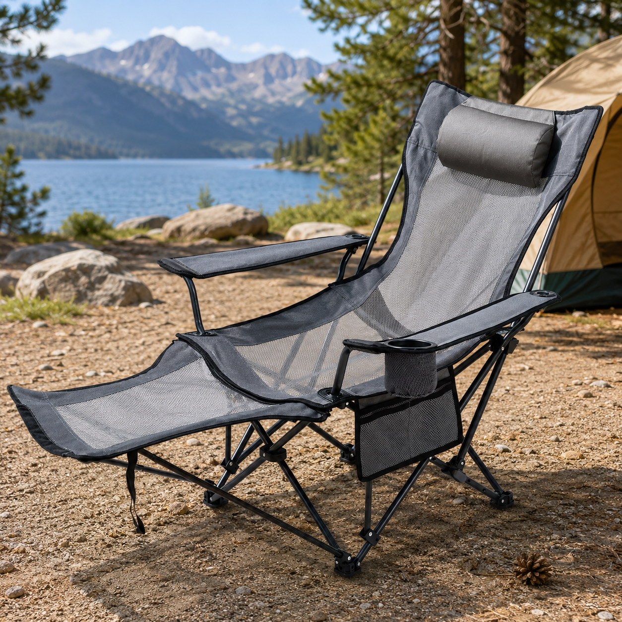 Reclining Camping Chair with Footrest & Headrest, 4-Position Folding Outdoor Lounger for Camping, Beach, Fishing & Patio