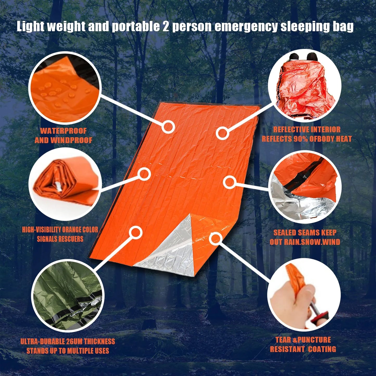 Emergency Sleeping Bag & Mylar Blanket — Waterproof Thermal Bivy Sack with Survival Whistle & Paracord for Go Bag, Bug Out Bag, Camping, Hiking & Emergency Preparedness