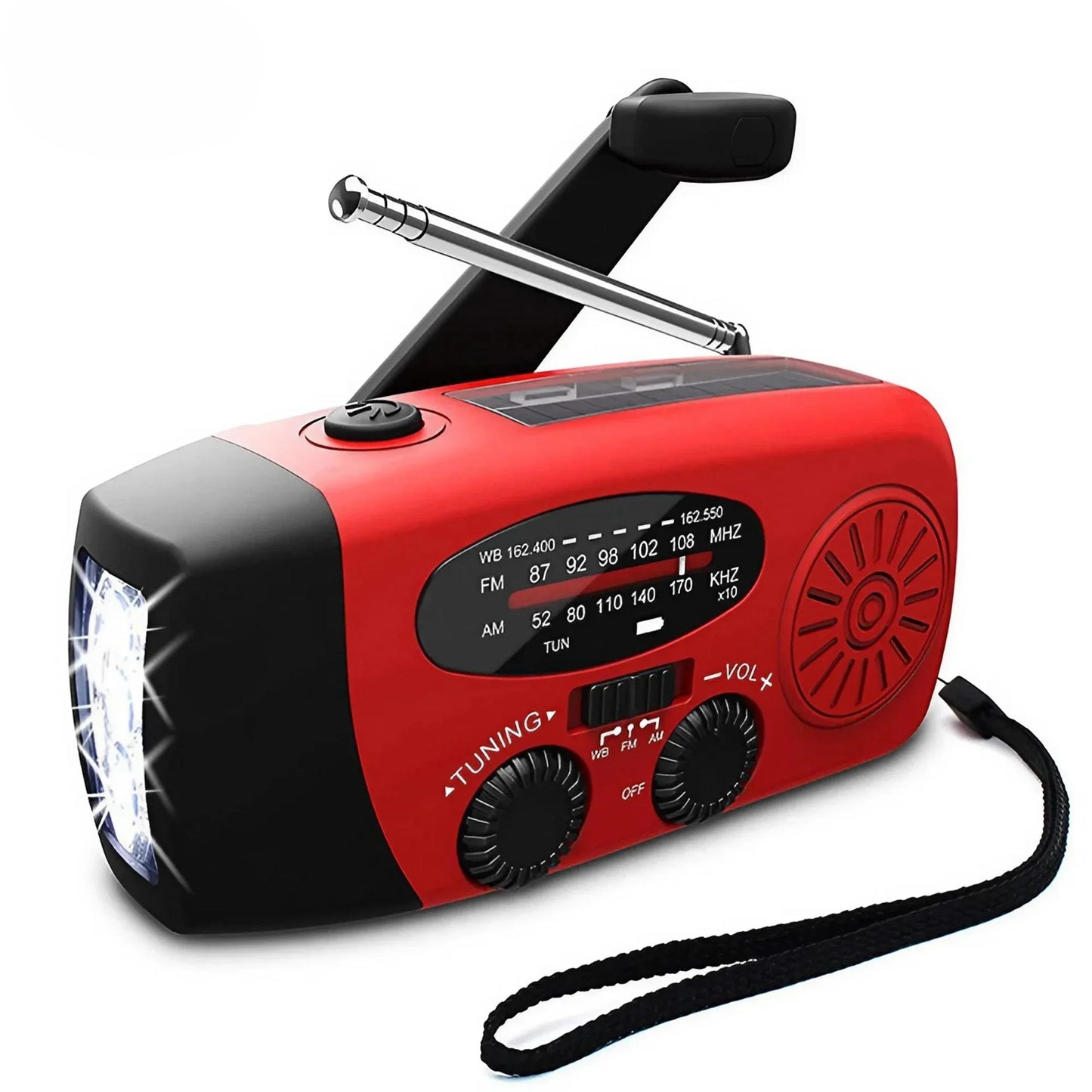 2000mAh Compact Splash-Resistant Emergency Weather Radio with Hand Crank, Solar Charging, Flashlight & Power Bank for Blackouts, Storms, Camping & Fishing