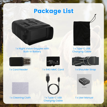 4K Night Vision Binoculars with 10X Digital Zoom, 31MP, 3" Screen, WiFi App & 64GB Card for Hunting, Wildlife Viewing, Camping & Scouting