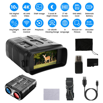 4K Night Vision Binoculars with 10X Digital Zoom, 31MP, 3" Screen, WiFi App & 64GB Card for Hunting, Wildlife Viewing, Camping & Scouting