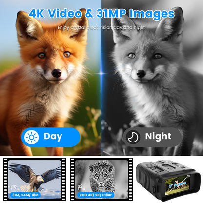 4K Night Vision Binoculars with 10X Digital Zoom, 31MP, 3" Screen, WiFi App & 64GB Card for Hunting, Wildlife Viewing, Camping & Scouting