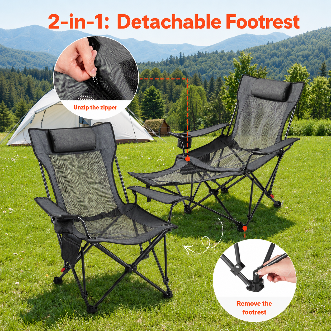 Reclining Camping Chair with Footrest & Headrest, 4-Position Folding Outdoor Lounger for Camping, Beach, Fishing & Patio