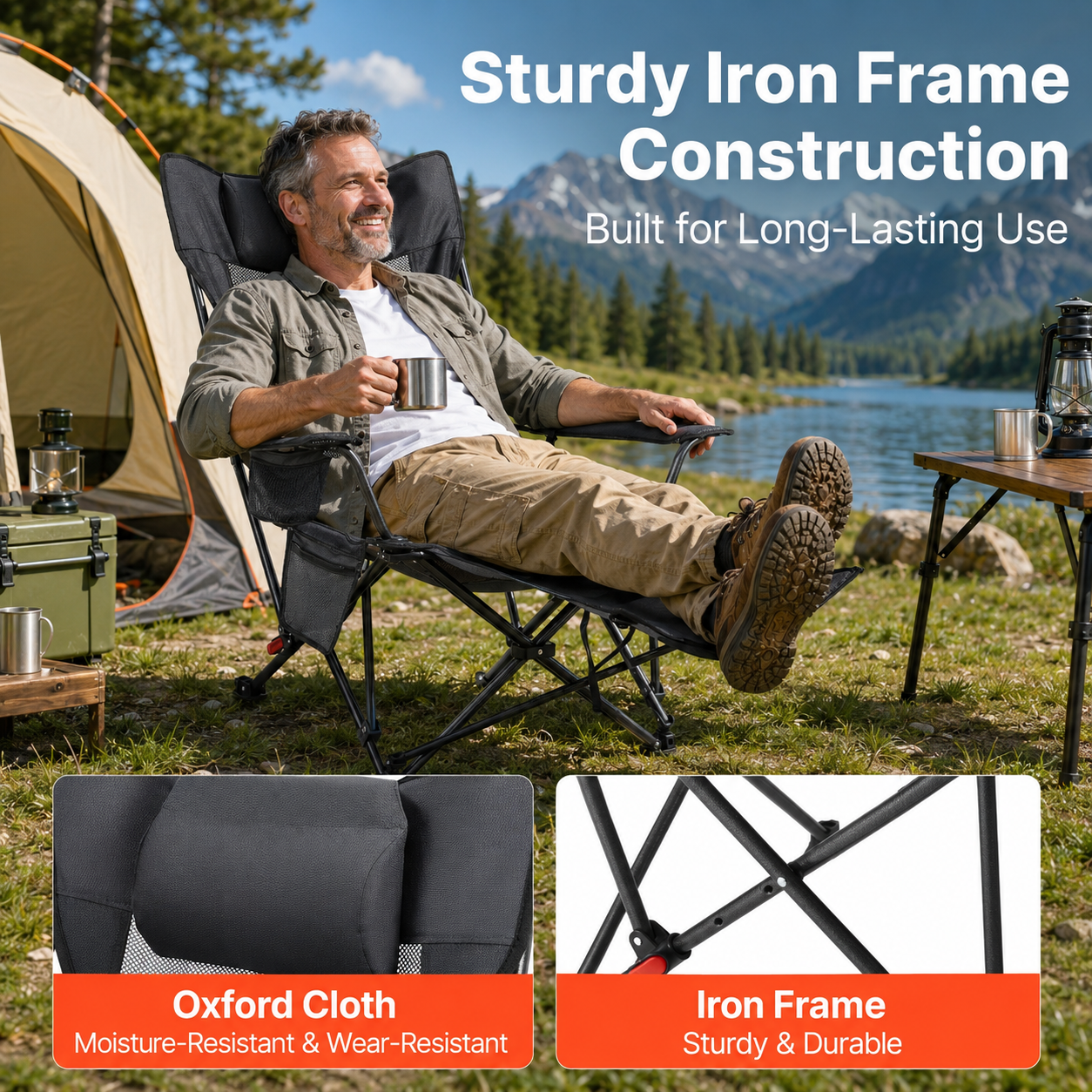 Reclining Camping Chair with Footrest & Headrest, 4-Position Folding Outdoor Lounger for Camping, Beach, Fishing & Patio