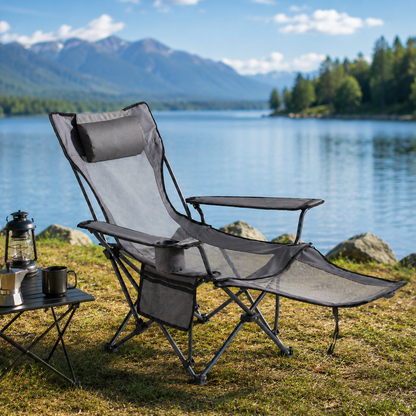 Reclining Camping Chair with Footrest & Headrest, 4-Position Folding Outdoor Lounger for Camping, Beach, Fishing & Patio
