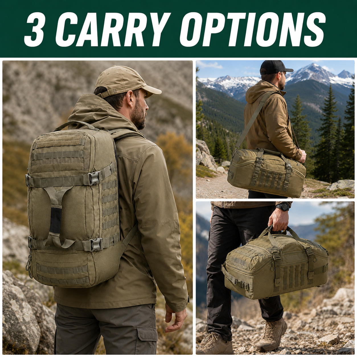 45L Gym Bag, Duffel & Duffle Bag Backpack — 3-Way Tactical Gym Duffle Bag with MOLLE System for Gym, Travel, Camping, Hiking & Bug Out