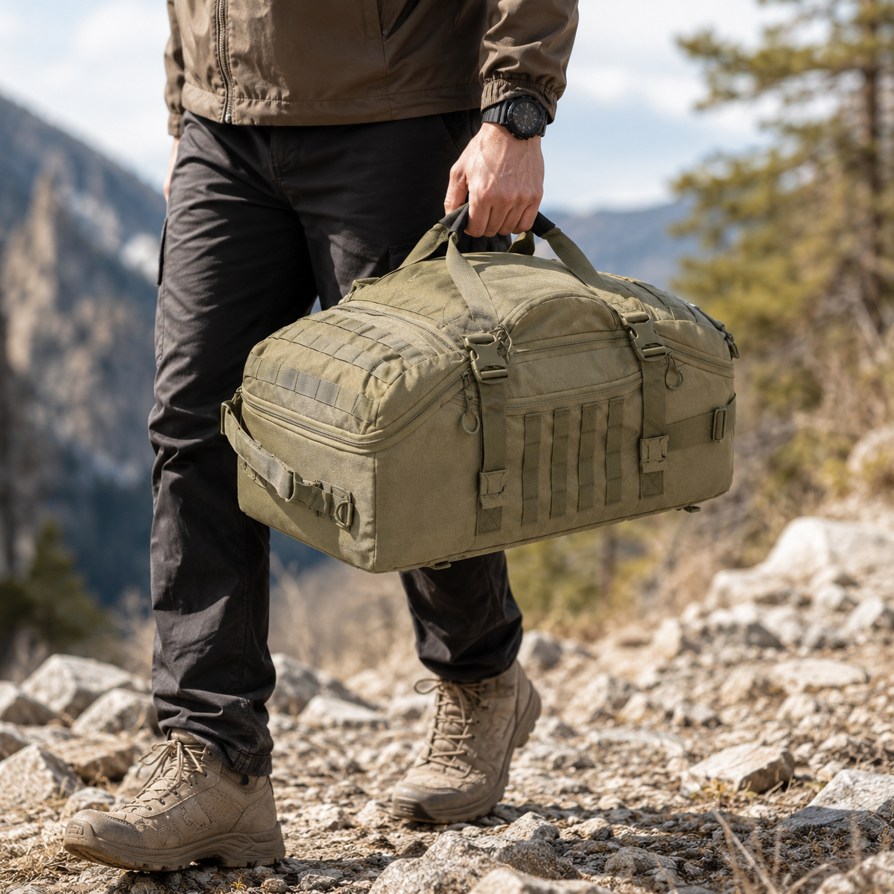 45L Gym Bag, Duffel & Duffle Bag Backpack — 3-Way Tactical Gym Duffle Bag with MOLLE System for Gym, Travel, Camping, Hiking & Bug Out