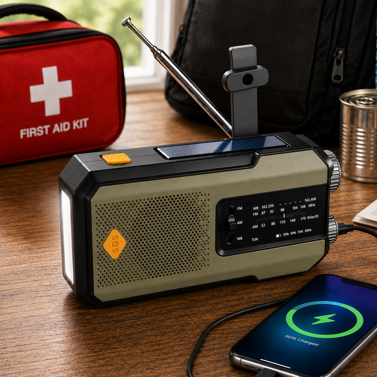 2000mAh Emergency Weather Radio with USB-C, Hand Crank & Solar Charging, Flashlight & Power Bank for Blackouts, Storms, Camping & Fishing