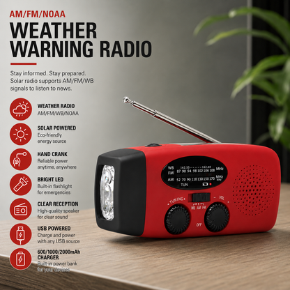 2000mAh Compact Splash-Resistant Emergency Weather Radio with Hand Crank, Solar Charging, Flashlight & Power Bank for Blackouts, Storms, Camping & Fishing