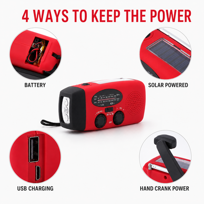 2000mAh Compact Splash-Resistant Emergency Weather Radio with Hand Crank, Solar Charging, Flashlight & Power Bank for Blackouts, Storms, Camping & Fishing