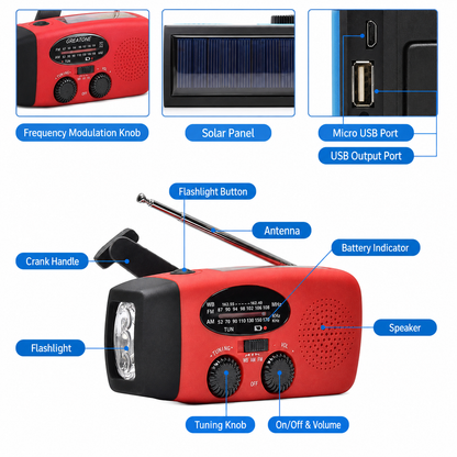 2000mAh Compact Splash-Resistant Emergency Weather Radio with Hand Crank, Solar Charging, Flashlight & Power Bank for Blackouts, Storms, Camping & Fishing