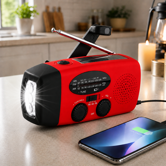 2000mAh Compact Splash-Resistant Emergency Weather Radio with Hand Crank, Solar Charging, Flashlight & Power Bank for Blackouts, Storms, Camping & Fishing