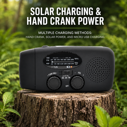 2000mAh Compact Splash-Resistant Emergency Weather Radio with Hand Crank, Solar Charging, Flashlight & Power Bank for Blackouts, Storms, Camping & Fishing
