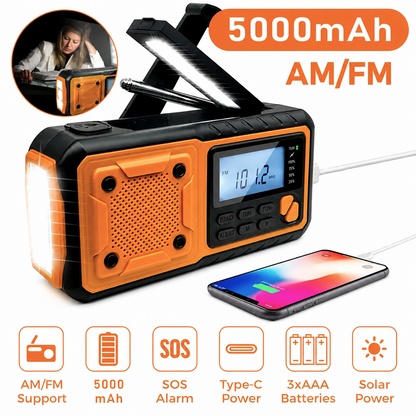 5000mAh Large-Capacity Emergency Weather Radio with Hand Crank, Solar & USB-C Charging, Flashlight & Power Bank for Blackouts, Storms, Camping & Fishing