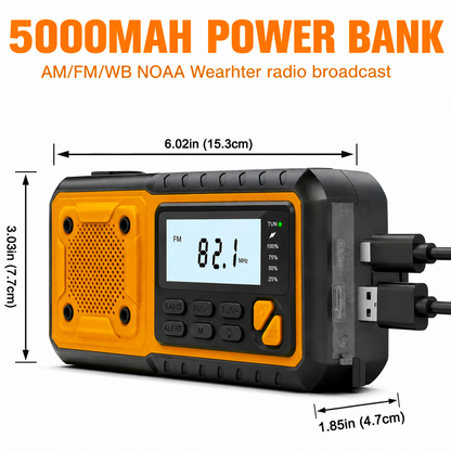 5000mAh Large-Capacity Emergency Weather Radio with Hand Crank, Solar & USB-C Charging, Flashlight & Power Bank for Blackouts, Storms, Camping & Fishing