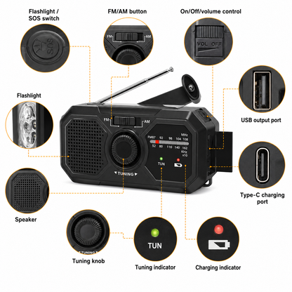 Portable NOAA Emergency Weather Radio with Hand Crank, Solar & USB-C Charging, Flashlight & Power Bank for Blackouts, Storms, Camping, Hiking & Fishing