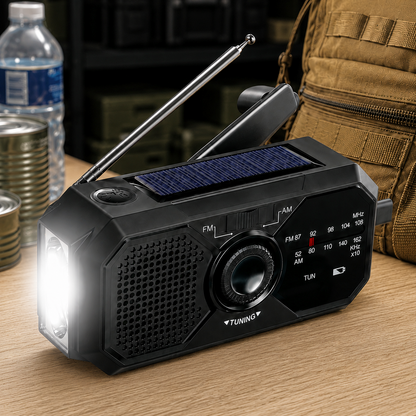 Portable NOAA Emergency Weather Radio with Hand Crank, Solar & USB-C Charging, Flashlight & Power Bank for Blackouts, Storms, Camping, Hiking & Fishing