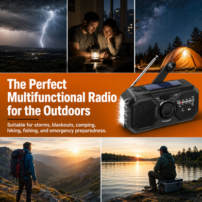 Portable NOAA Emergency Weather Radio with Hand Crank, Solar & USB-C Charging, Flashlight & Power Bank for Blackouts, Storms, Camping, Hiking & Fishing