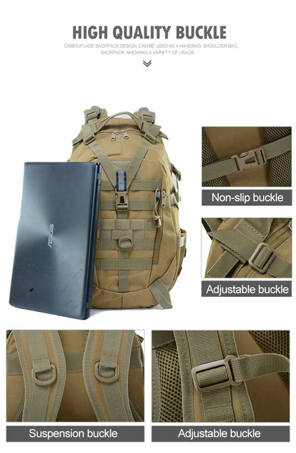 Tactical Laptop Backpack & Travel Hiking Rucksack for Men & Women, MOLLE Daypack with Reflective Strip for Camping, Hunting, Fishing, Bug Out, Climbing & Outdoor Adventures