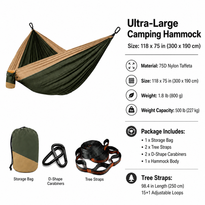 Double Camping Hammock, 2 Person Portable Outdoor Tree Hammock with Straps & Carabiners, 75D Nylon Taffeta, 500 lb Capacity for Hiking, Backpacking, Travel & Garden