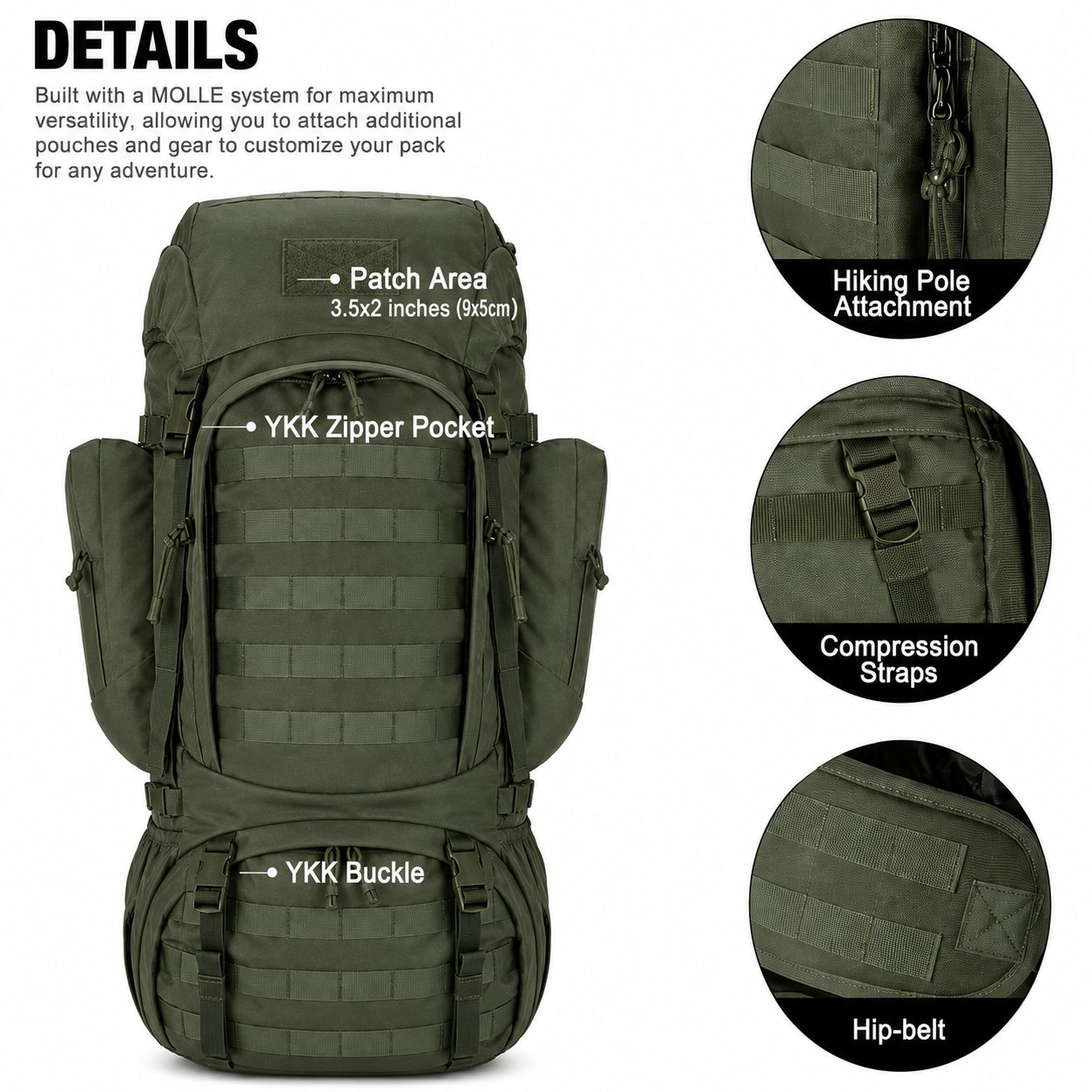60L Hiking Backpack & Tactical Rucksack with MOLLE System, Internal Frame & Rain Cover for Camping, Hunting, Trekking, Backpacking & Survival — Large Military-Style Camping Backpack with Sleeping Bag Compartment