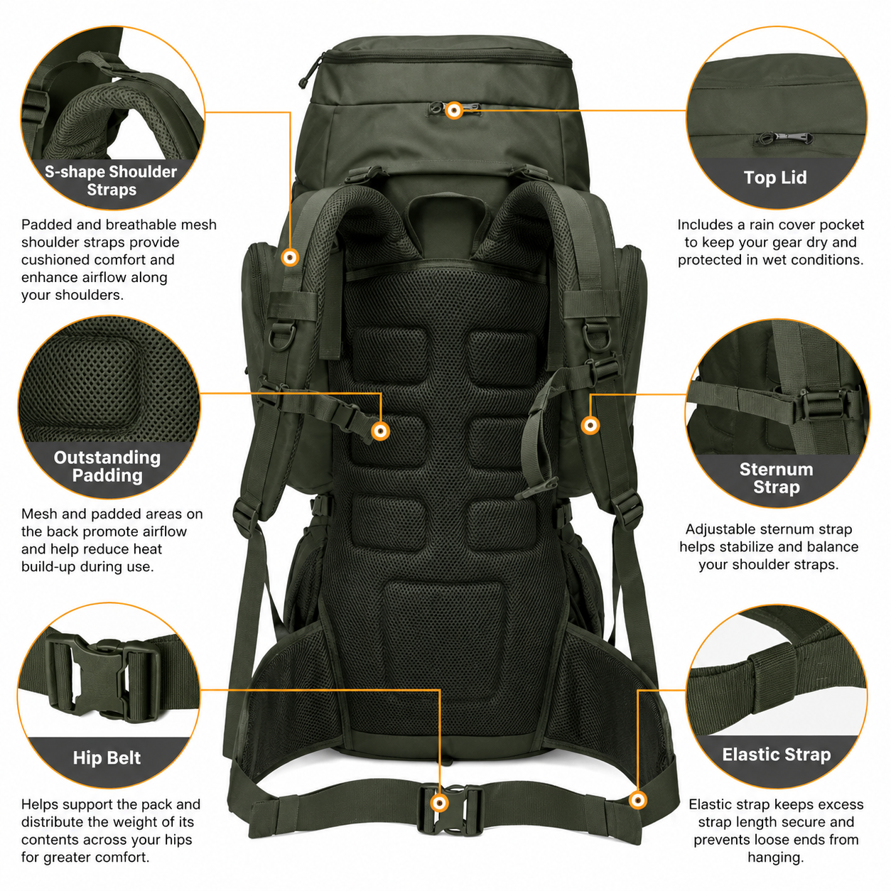 60L Hiking Backpack & Tactical Rucksack with MOLLE System, Internal Frame & Rain Cover for Camping, Hunting, Trekking, Backpacking & Survival — Large Military-Style Camping Backpack with Sleeping Bag Compartment