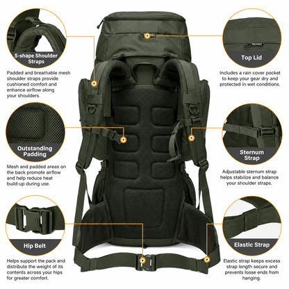 60L Hiking Backpack & Tactical Rucksack with MOLLE System, Internal Frame & Rain Cover for Camping, Hunting, Trekking, Backpacking & Survival — Large Military-Style Camping Backpack with Sleeping Bag Compartment