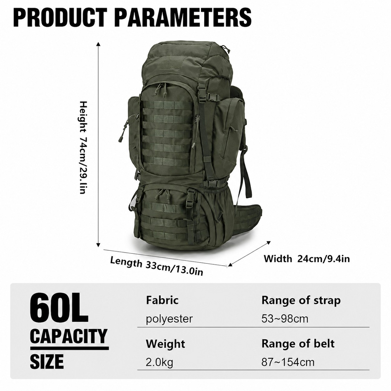 60L Hiking Backpack & Tactical Rucksack with MOLLE System, Internal Frame & Rain Cover for Camping, Hunting, Trekking, Backpacking & Survival — Large Military-Style Camping Backpack with Sleeping Bag Compartment