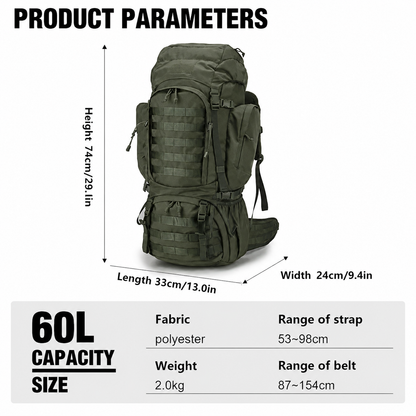 60L Hiking Backpack & Tactical Rucksack with MOLLE System, Internal Frame & Rain Cover for Camping, Hunting, Trekking, Backpacking & Survival — Large Military-Style Camping Backpack with Sleeping Bag Compartment