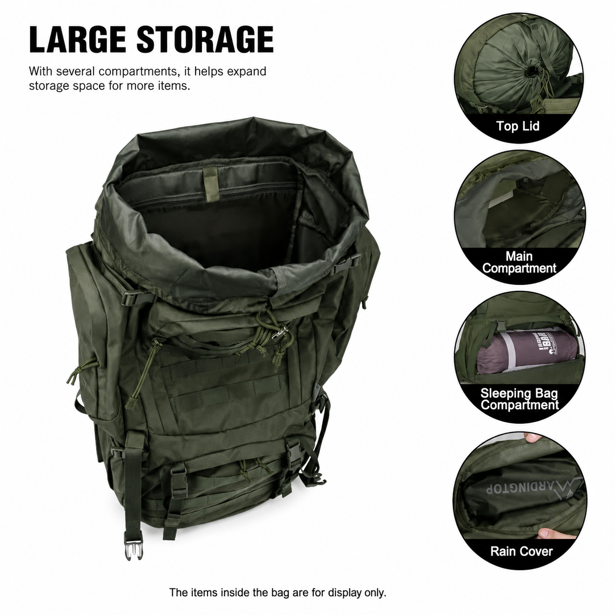 60L Hiking Backpack & Tactical Rucksack with MOLLE System, Internal Frame & Rain Cover for Camping, Hunting, Trekking, Backpacking & Survival — Large Military-Style Camping Backpack with Sleeping Bag Compartment