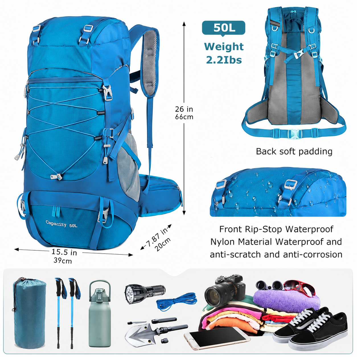 50L Travel Backpack & Hiking Rucksack with Rain Cover for Men & Women, Multifunctional Camping & Mountaineering Bag for Trekking, Hunting, Bug Out & Outdoor Adventures