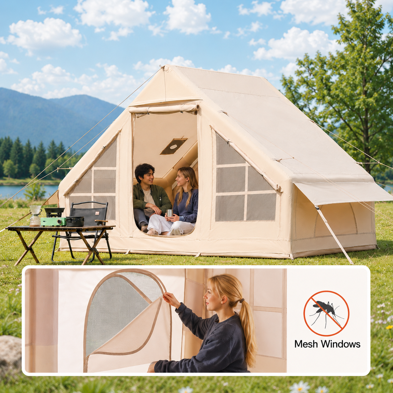 Inflatable Camping Tent with Pump, 3–5 Person Easy Setup Glamping Tent, 65 sq. ft., PU3000 Waterproof for Family Camping & Festivals