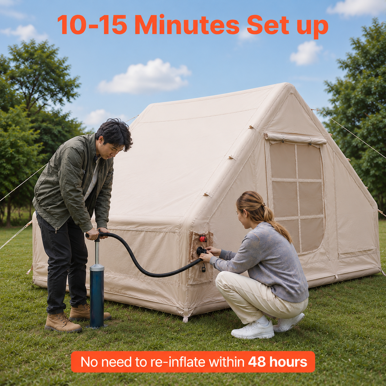 Inflatable Camping Tent with Pump, 3–5 Person Easy Setup Glamping Tent, 65 sq. ft., PU3000 Waterproof for Family Camping & Festivals