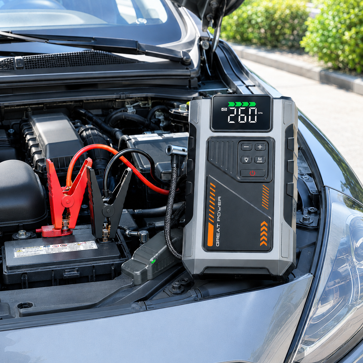 Portable Jump Starter with Air Compressor, 3000A Peak Battery Jump Starter & 150 PSI Tire Inflator for 12V Cars, Trucks & Motorcycles, USB Power Bank, LED Light & 4-Nozzle Set