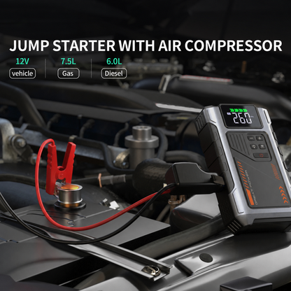 Portable Jump Starter with Air Compressor, 3000A Peak Battery Jump Starter & 150 PSI Tire Inflator for 12V Cars, Trucks & Motorcycles, USB Power Bank, LED Light & 4-Nozzle Set