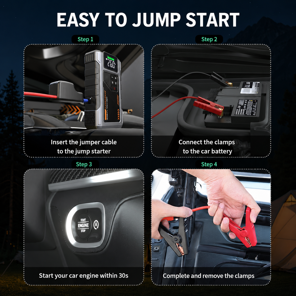 Portable Jump Starter with Air Compressor, 3000A Peak Battery Jump Starter & 150 PSI Tire Inflator for 12V Cars, Trucks & Motorcycles, USB Power Bank, LED Light & 4-Nozzle Set