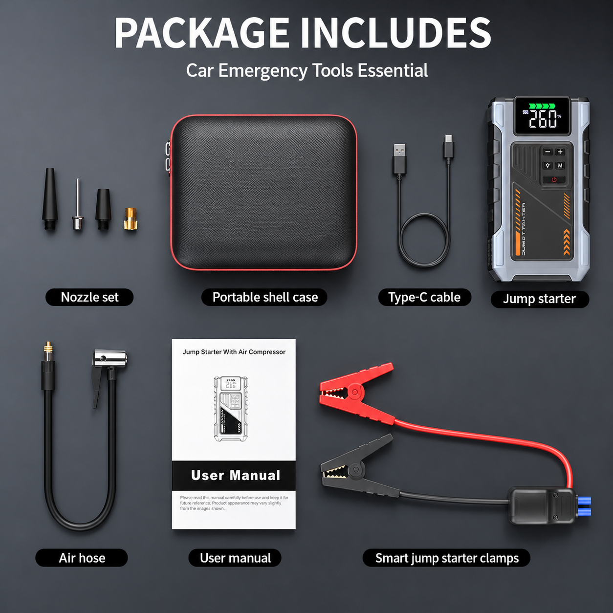 Portable Jump Starter with Air Compressor, 3000A Peak Battery Jump Starter & 150 PSI Tire Inflator for 12V Cars, Trucks & Motorcycles, USB Power Bank, LED Light & 4-Nozzle Set