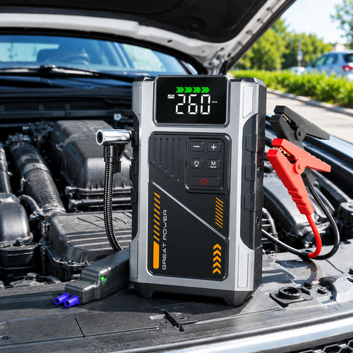 Portable Jump Starter with Air Compressor, 3000A Peak Battery Jump Starter & 150 PSI Tire Inflator for 12V Cars, Trucks & Motorcycles, USB Power Bank, LED Light & 4-Nozzle Set