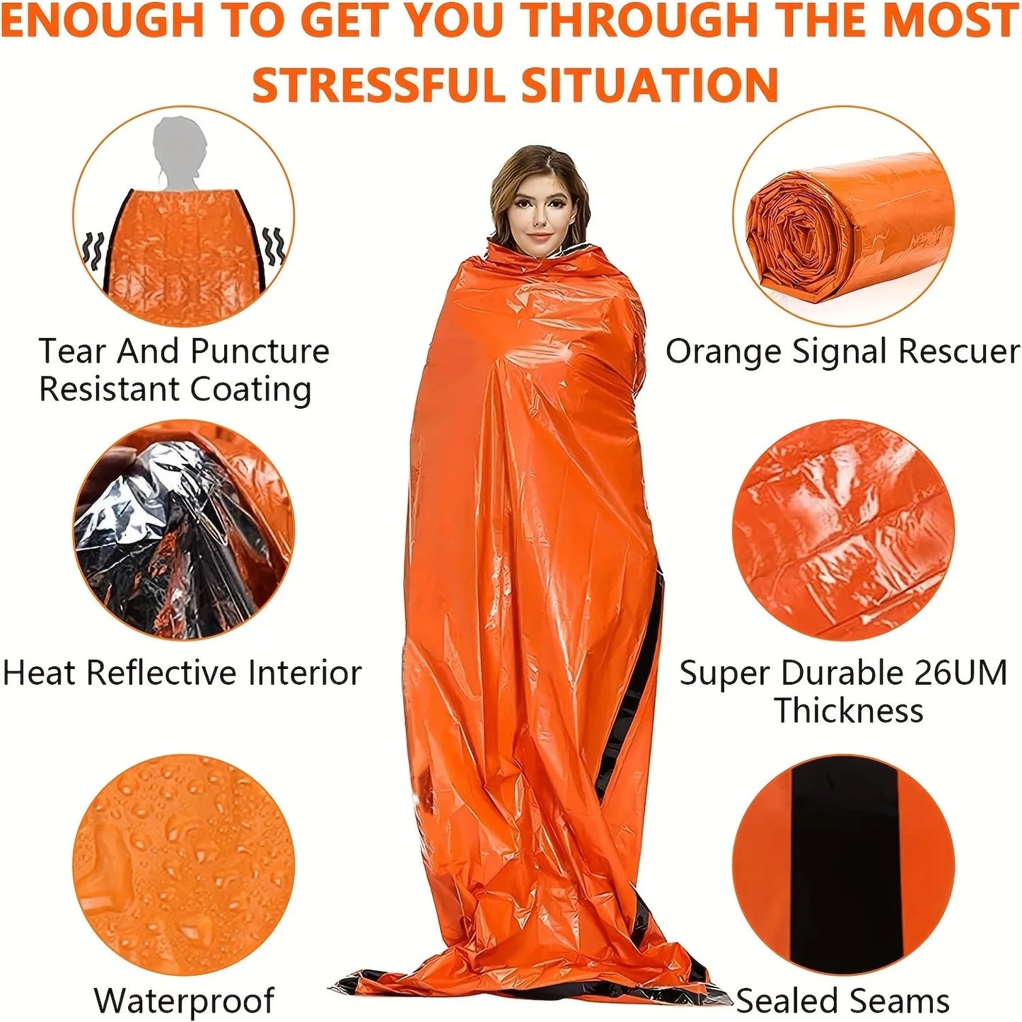 Emergency Sleeping Bag & Mylar Blanket — Waterproof Thermal Bivy Sack with Survival Whistle & Paracord for Go Bag, Bug Out Bag, Camping, Hiking & Emergency Preparedness