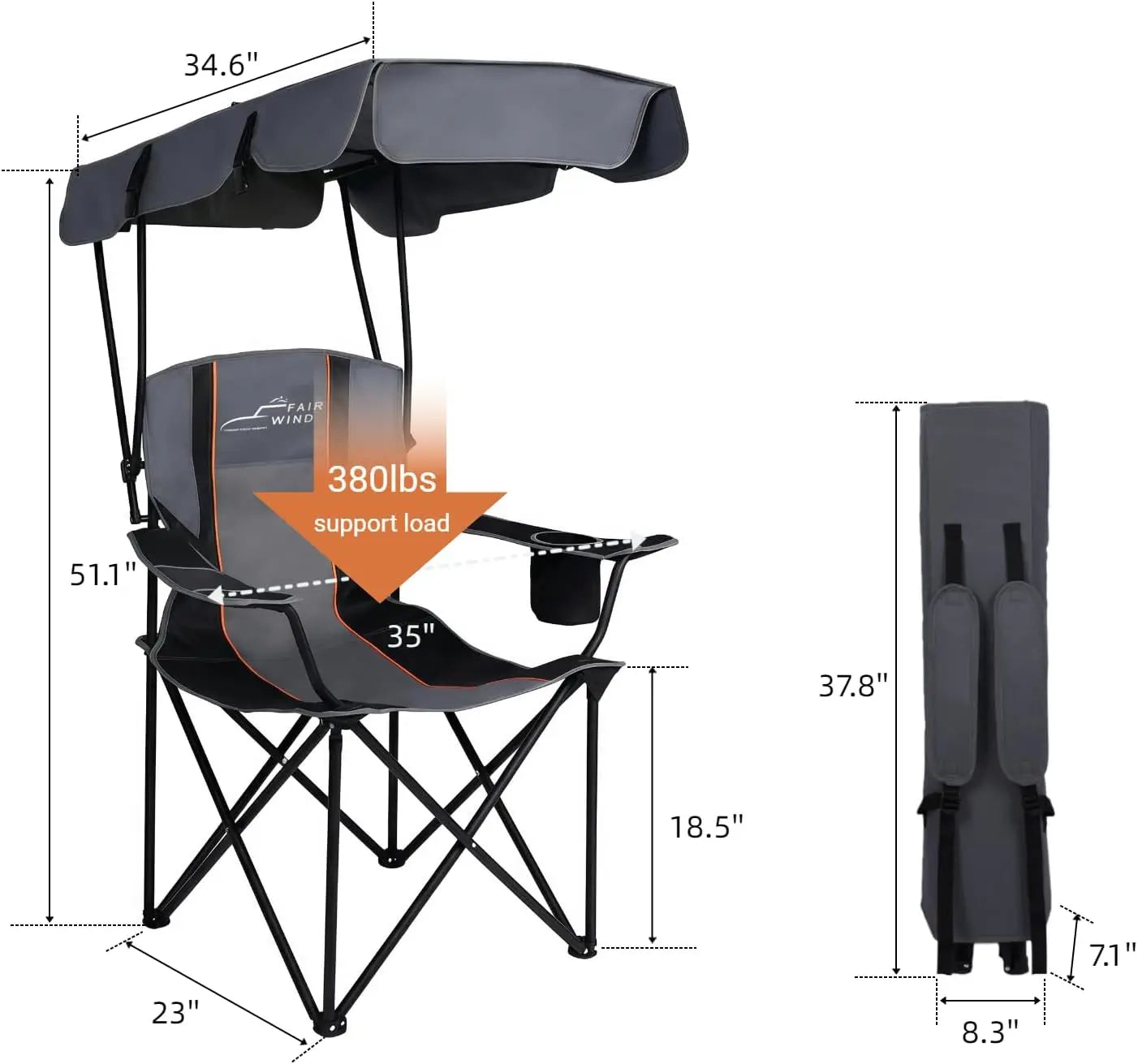 Oversized Camping Chair with Canopy Shade, Heavy-Duty 380-lb Folding Outdoor Chair for Camping, Beach, Fishing & Tailgating