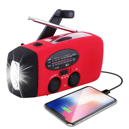 2000mAh Compact Splash-Resistant Emergency Weather Radio with Hand Crank, Solar Charging, Flashlight & Power Bank for Blackouts, Storms, Camping & Fishing