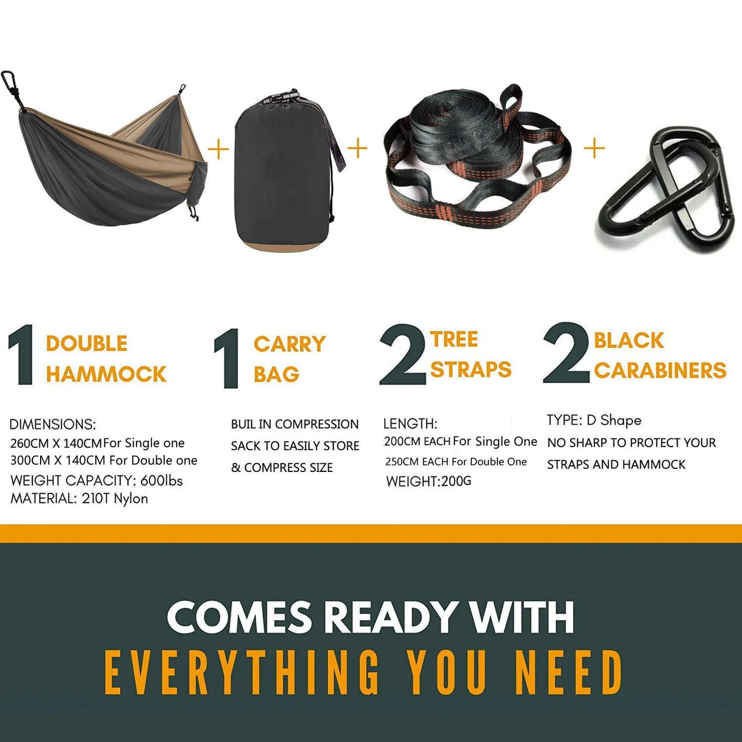 Double Camping Hammock, 2 Person Portable Outdoor Tree Hammock with Straps & Carabiners, 75D Nylon Taffeta, 500 lb Capacity for Hiking, Backpacking, Travel & Garden