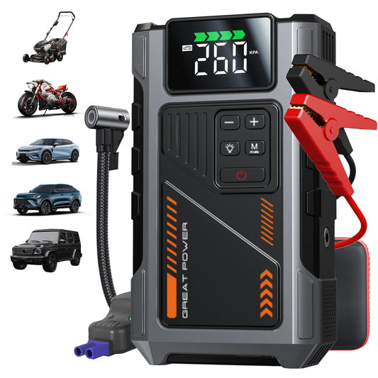 Portable Jump Starter with Air Compressor, 3000A Peak Battery Jump Starter & 150 PSI Tire Inflator for 12V Cars, Trucks & Motorcycles, USB Power Bank, LED Light & 4-Nozzle Set