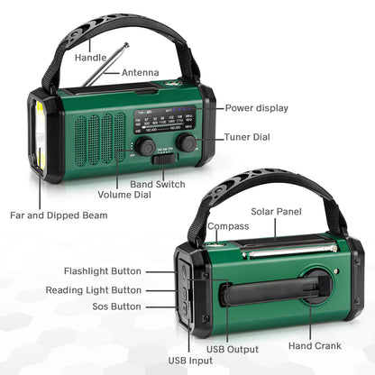 10000mAh Large-Capacity NOAA Emergency Weather Radio with Hand Crank, Solar Charging, Flashlight & Power Bank for Blackouts, Storms, Camping & Fishing