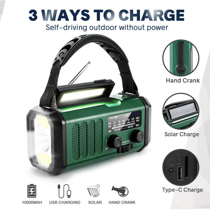 10000mAh Large-Capacity NOAA Emergency Weather Radio with Hand Crank, Solar Charging, Flashlight & Power Bank for Blackouts, Storms, Camping & Fishing