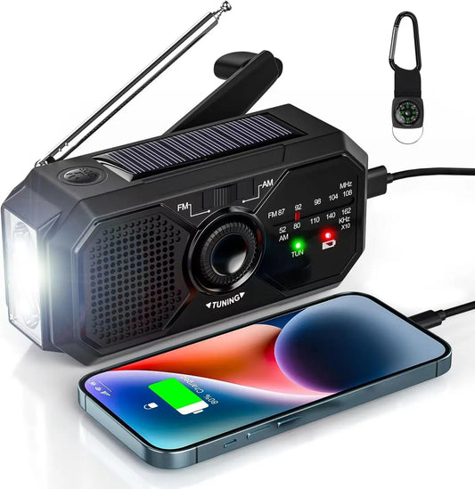 Portable NOAA Emergency Weather Radio with Hand Crank, Solar & USB-C Charging, Flashlight & Power Bank for Blackouts, Storms, Camping, Hiking & Fishing