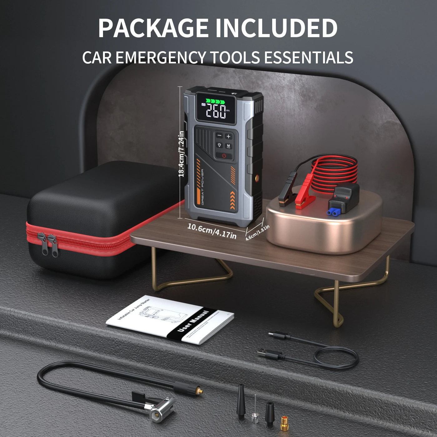 Portable Jump Starter with Air Compressor, 3000A Peak Battery Jump Starter & 150 PSI Tire Inflator for 12V Cars, Trucks & Motorcycles, USB Power Bank, LED Light & 4-Nozzle Set
