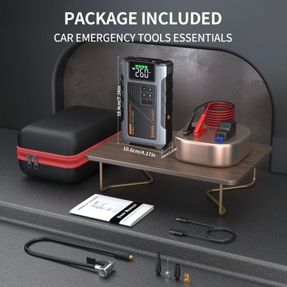 Portable Jump Starter with Air Compressor, 3000A Peak Battery Jump Starter & 150 PSI Tire Inflator for 12V Cars, Trucks & Motorcycles, USB Power Bank, LED Light & 4-Nozzle Set