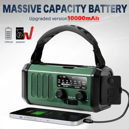 10000mAh Large-Capacity NOAA Emergency Weather Radio with Hand Crank, Solar Charging, Flashlight & Power Bank for Blackouts, Storms, Camping & Fishing