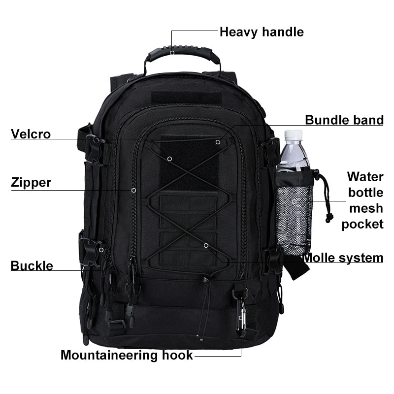 60L Expandable Tactical Hiking Backpack & Military Rucksack with MOLLE System, Waistbelt & Carabiner Hook for Camping, Hunting, Bug Out, Travel & Backpacking